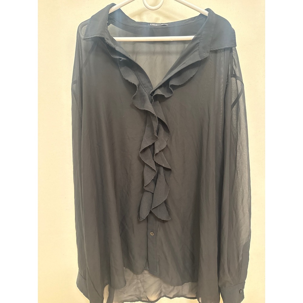 SHEIN Black Sheer Ruffle Front Button Down Blouse Size 5XL Long Sleeve Top